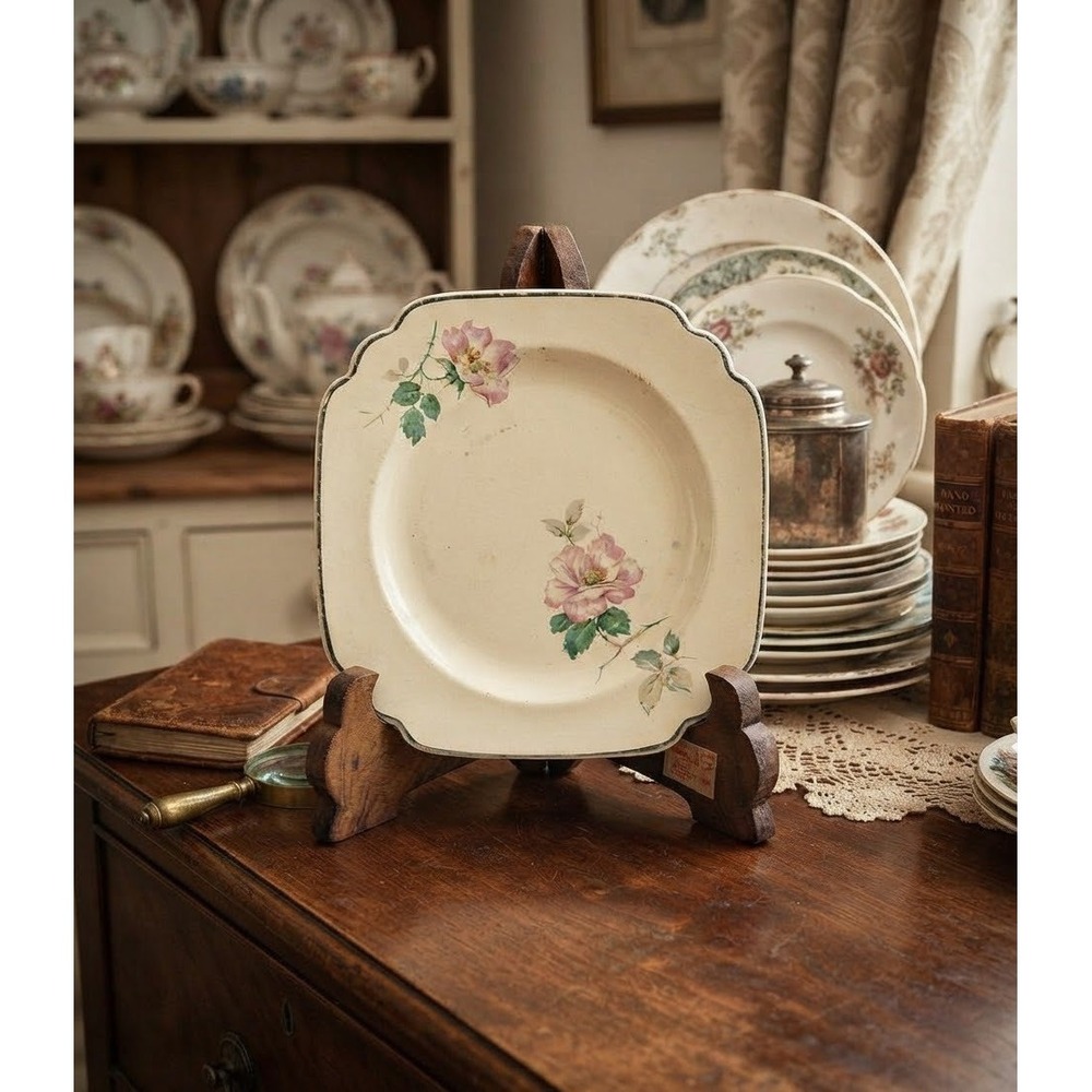 Vintage 1934 Homer Laughlin Square Salad Plate Pink Wild Rose Floral 6.5"